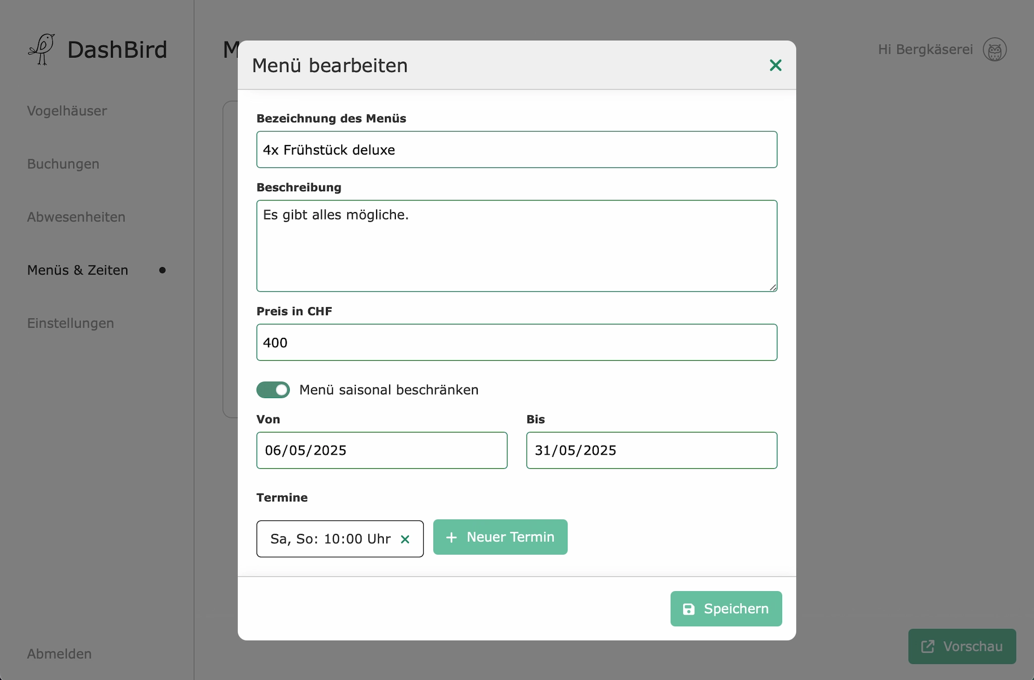 Buchungssoftware für "Im Vogelhaus"