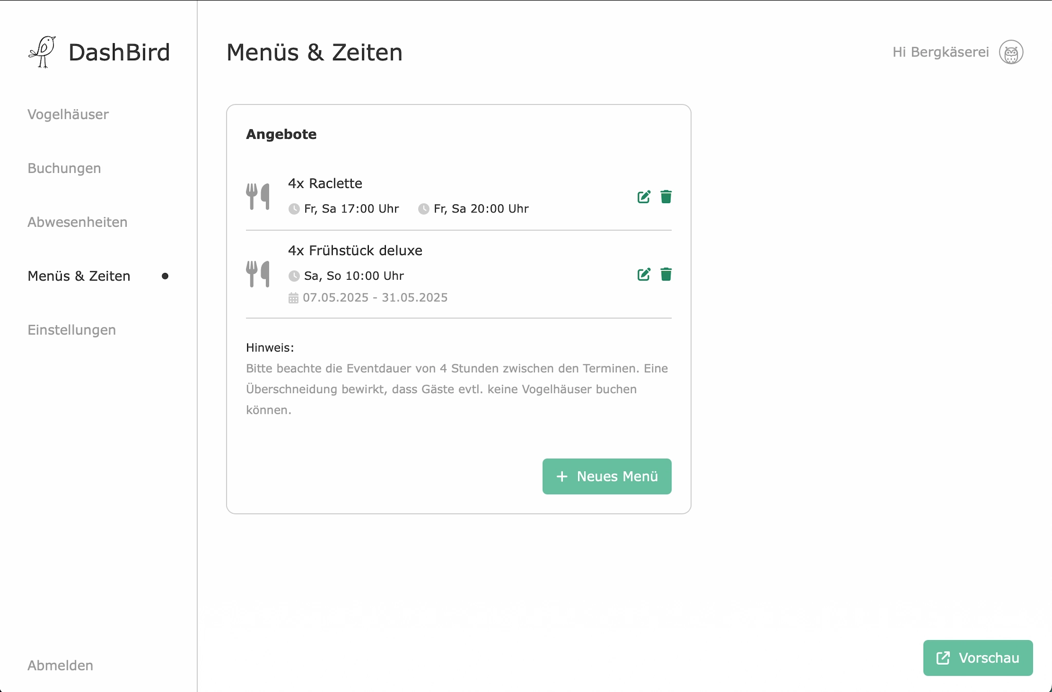 Buchungssoftware für "Im Vogelhaus"